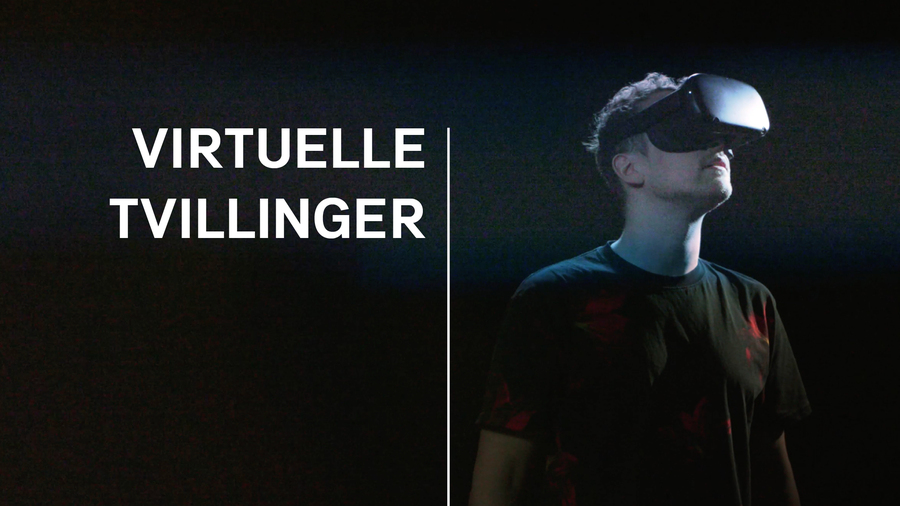 Bilde av en person med VR-briller, og teksten Virituelle tvillinger