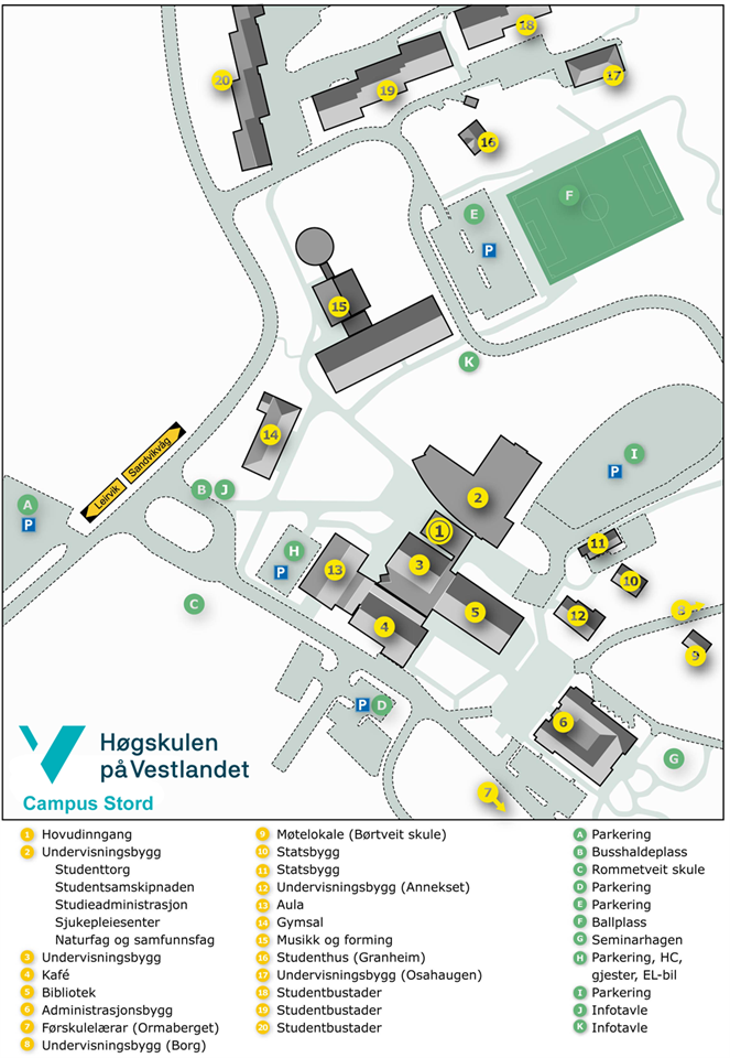 Eit teikna oversiktskart over campus Stord på Rommetveit.