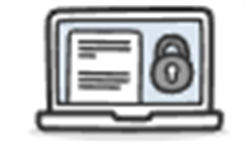 Symbol for FLOWlock. Det viser en tegning av en datamaskin med et tekstdokument til venstre og en hengelås til høyre på skjermen. Bakgrunnen er lys blå.